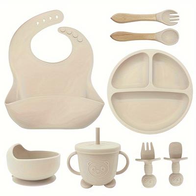 TEMU 8pcs Silicone Baby Feeding Set, Silicone Bib, Suction Plate, Suction Bowl, Wooden Handle Silicone Spoon And Fork, Baby Food Utensils, Drinking Training Cup, Soft And -grade Silicone Image