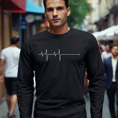 TEMU 1pc Men's Casual Crew Neck Long Sleeve T-shirt With Geometric Heartbeat Design, Polyester Knit Fabric, Stretch, , Regular Fit Pullover Image