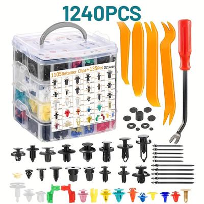 TEMU 1240pcs Car Fastener Clips Kit - 32 Sizes, Nylon Bumper & Fender Rivets With Cable Ties & Remover Tool, Rust-resistant For , For & More Image