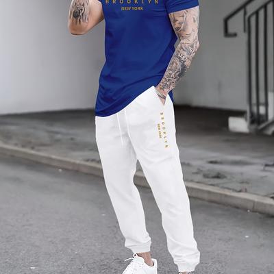 TEMU Print Men' Casual Crew Neck T-shirt And Drawstring Sweatpants Set, Geometric Pattern, Polyester Knit Fabric With Stretch, Regular Fit, For Lash Sets Image