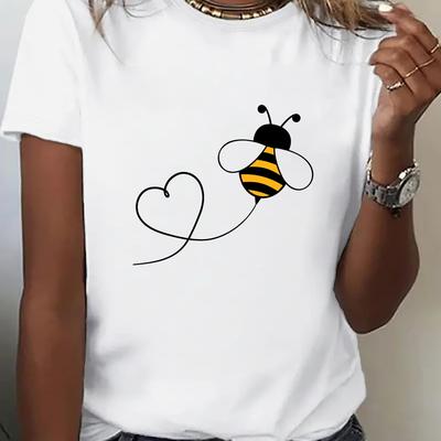 TEMU Women' Casual Sports Tee - Cute Bumblebee & Heart Print, Breathable Moisture-wicking, Lightweight & Comfortable Soft Fabric, Wear, Sportswear Tee | Print Top | , Ladies T Shirts Image