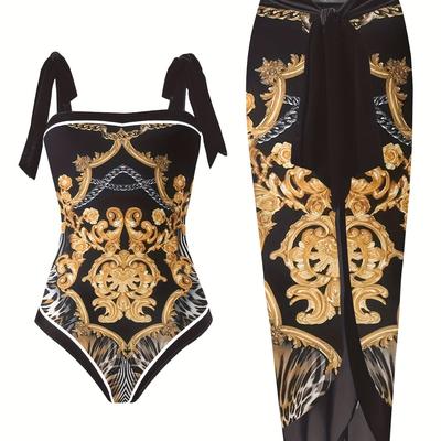 TEMU Baroque Style Prints, A Two-piece Set Of A Swimsuit And Sun Protection Clothing, Women's Swimwear And Apparel, Casual Holiday Beachwear. Image