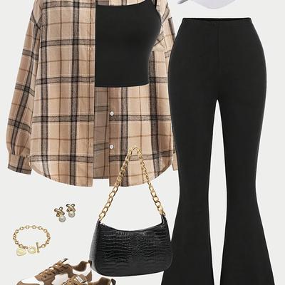 TEMU 3pcs Women's Outfit Set - Khaki Long Sleeve Button-up Shirt, Black Spaghetti Strap Crop Top & Flare Pants, Versatile Wear, Casual Attire| Pattern|polyester Image