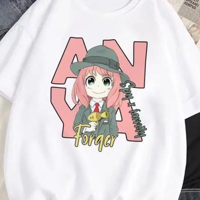 TEMU Women's White Anime T-shirt - Short Sleeve Crew Neck Casual Top With Medium Stretch, Machine Washable, For Casual Attire, Anime T Shirt, Playful Design, Mediumstretch Fabric Image