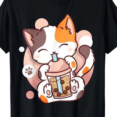 TEMU Cat Anime Kawaii Kitten T-shirt- Comfortable, Round Neck, Casual, Printed, Fashionable, 220g, 100% Image