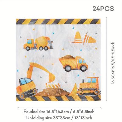 TEMU 24pcs/set Excavator Happy Birthday Disposable Napkins, 13*13inch 2 Layers, Excavator Pattern Disposable Paper Towels, Happy Birthday Paper Towels, Suitable For Excavator Theme Birthday Party Image