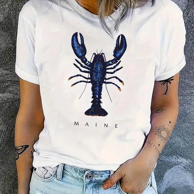 TEMU Women's Casual Short Sleeve T-shirt With & Orange Lobster Graphic Print - Round Neck Summer Top, Machine Washable Fit For Casual Attire, Leisure Clothing, Modern Casualwear, Nontransparent Fabric Image