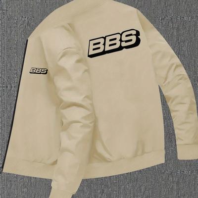 TEMU Men's Bbs Print Slim-fit Zip-up Jacket - Stylish Black Casual Outdoor Sports Jacket With Pockets, Fall/winter Image