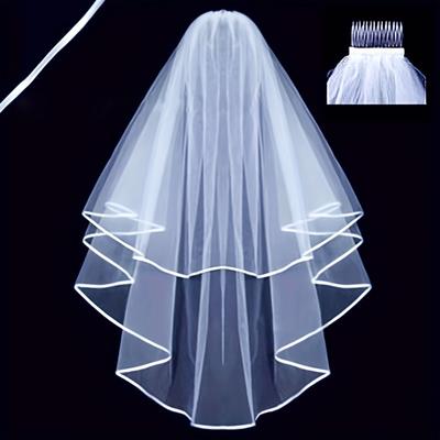 TEMU 1pc Elegant Double-layer Bridal Veil With Satin Ribbon & Hair Comb - Tulle Fabric, Non-slip Wedding Accessory For Brides, Hand Wash Only, Formal Events And Weddings, Bridal Wear | Veil | Veil Image