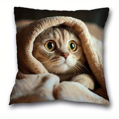 TEMU 1pc Comfortable Cat Print Pillowcase, Contemporary, Woven Polyester, Zipper Closure, Machine Washable, For Bedroom, Living Room, Room Types Image