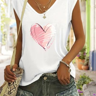 TEMU Women's Casual V-neck Tank Top With Heart Print, Sleeveless Fashion Summer Top For Vacation And Casual Attire, Ladies Tank Tops Image