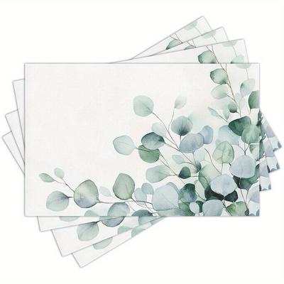 TEMU 4pcs Watercolor Eucalyptus On A White Backgroun Printed Placemats - Washable And Mats For Dining Table Ideal For Holiday Parties And Home Decor - Rectangle Placemats For Kitchen And Dining Room Image
