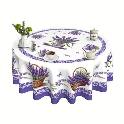 TEMU 1pc Purple Lavender Tablecloth - Vibrant Floral & , Polyester, Machine-made, Ideal For Parties, Picnics, And Dining Decor, Party Table Setting | Floral Table Setting | Polyester Tablecloth Image
