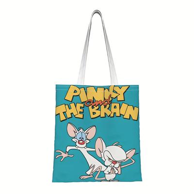 TEMU Pinky And Canvas Tote Bag - Cartoon Print, Durable Handle, No Closure, Hand Washable, Ideal For Shopping And Casual Use, Casual Tote Bag | Design | Durable Handle Bag, Cute Tote Bag Image