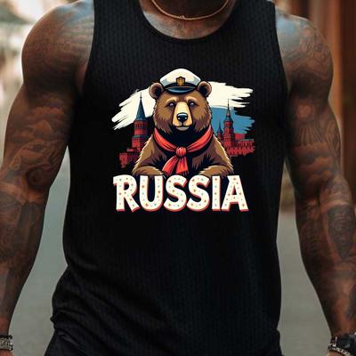 TEMU Men's Russian Bear & Graphic Tank Top - Breathable Sleeveless Athletic Shirt, Casual Summer Wear With Bold Russia Pride Design, Machine Washable, Sports Attire, Comfortable Fit Shirt Image