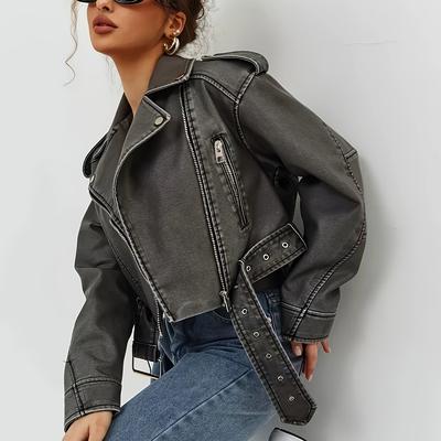 TEMU 1pc Aftf Basic Women' Lapel Long Sleeve Pu Leather Jacket, Versatile Motorcycle-inspired , Asymmetric Design, Machine Washable, Casual Wear Image