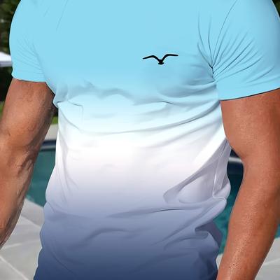 TEMU Men's Summer Fashion T-shirt - Casual Gradient Blue To White With Seagull , Short Sleeve, Round Neck, Polyester, Machine Washable, Ideal For Outdoor And Activities Image