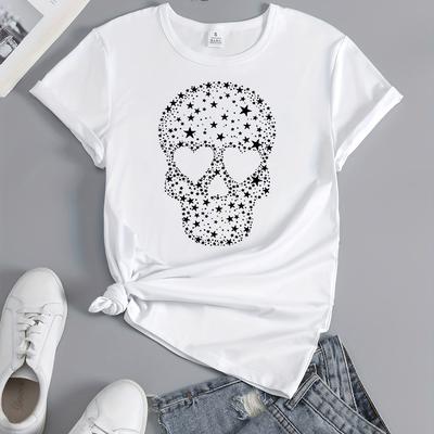 TEMU Women's Skull & Heart Dot Print T-shirt - Soft Breathable Quick-dry Fabric, Relaxed Fit Casual Short Sleeve Top For Summer Outdoor Activities & Casual Attire, Skull T Shirt, Medium Elasticity Image