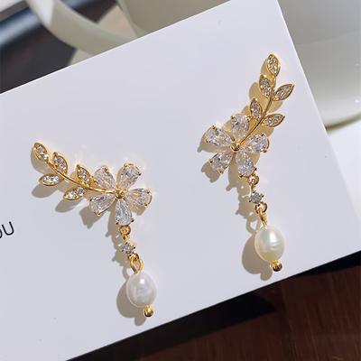 TEMU Elegant Pearl & Flower Earrings - Golden-tone Leaf Design With Pearl And Sparkling Stones For Women, Parties, , And Valentine’s Day Gifts, Pearl Earrings Image