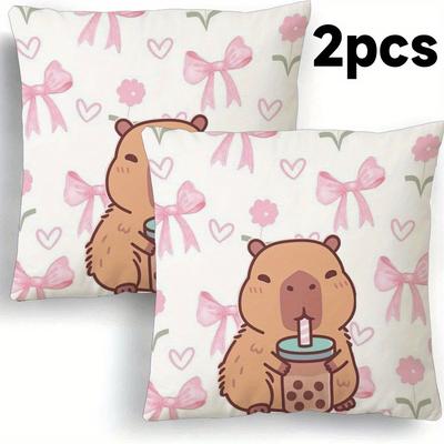 TEMU 2pcs Cartoon Capybara Square Throw Pillow Cover, Decorative Single-sided Throw Pillowcase, Elegant Room Decoration, Bedroom And Car Decoration Image