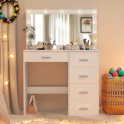 TEMU Vanrste Teen Princess Dresser Set - White Dresser, 5 Drawer Storage, Led Bulb 3 Color Adjustable, Mirror And Jewelry Organizer (easter Gift Idea) Image