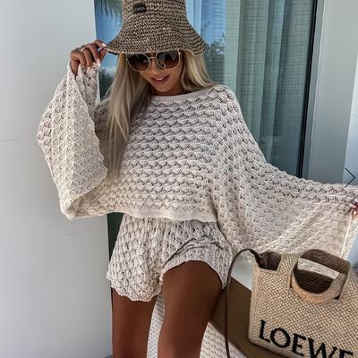 TEMU Summer Custom Sexy Knitted Short-sleeve Top And Shorts Casual Beach Sun Protection Shorts Set Image