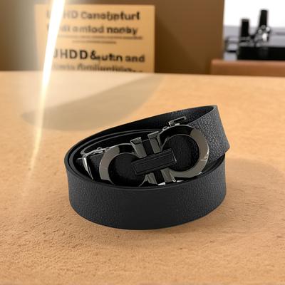 TEMU Stylish Men' Belt - Black Leather With Golden-tone Double Ring , Texture, Ideal Gift For Business And Formal , Gift For Men | Goldtone | Alloy , Belt Accessories Image