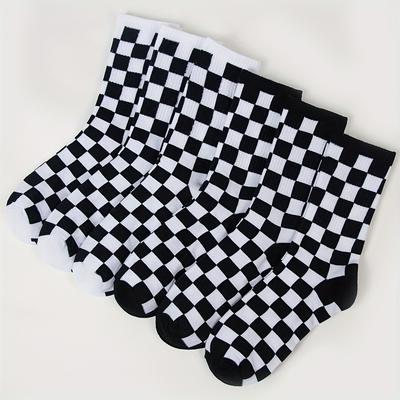 TEMU 2/5/6 Pairs Of Black And White Checkered Socks For Teens - Polyester And Spandex Blend, Knit Fabric, , Hand Wash Or Professional Image
