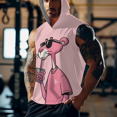TEMU Men's Pink Sleeveless Hooded Tank Top With Cartoon Animal Print - Lightweight Polyester, Casual Gym & Outdoor Wear, Summer Style Image