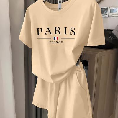 TEMU Japanese And Korean Style Spring And Summer Women's Clothing Paris Text Printing Casual T-shirt Plus Shorts Two-piece Suit Image