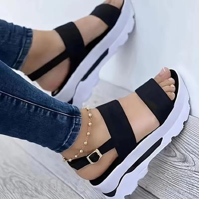 TEMU Women’s Comfortable Open-toe Platform Sandals With Adjustable Ankle - Soft Cushioning, Solid For Casual Walking & , Vacation Footwear | Chic Opentoe Sandals | Pu Sole, Ladies Sandals Image