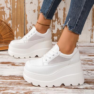 TEMU Women's High Heels - Thick Sole Lace-up Casual Shoes With Non-slip Rubber Sole, Comfortable Fabric Lining, Wear, White Image