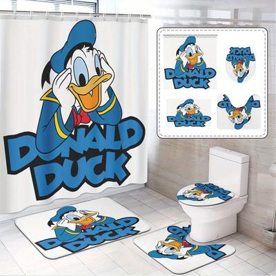 TEMU 1pc/3pcs/4pcs, Duck, Cartoon Pattern Shower Curtain Set, Shower Curtain With 12 Hooks, Non-slip Bathroom Mat, U-shaped Toilet Mat, Toilet Lid Mat, Bathroom Accessories, Decor, Festival Decoration Image