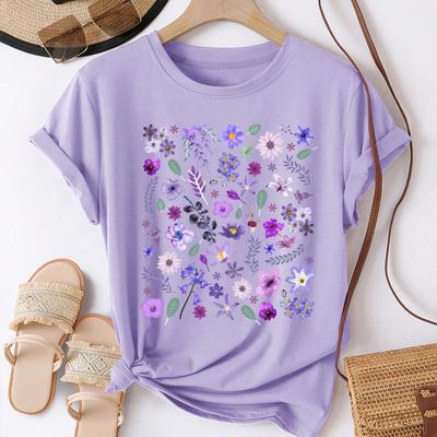 TEMU Women' Casual Short Sleeve T-shirt With Purple Print - Relaxed Fit Round Neck Semi-sheer Top For Spring Summer, Machine Washable, Ladies T Shirts, Soft Texture Shirt Image