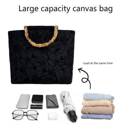 TEMU Elegant Black Floral Canvas Tote Bag With Bamboo Handles - Large Capacity, Shoulder Strap, Hidden Zipper Pocket, Everyday Use, Everyday Tote Bag|floral Pattern Tote| Handle Bag, Tote Bag Image