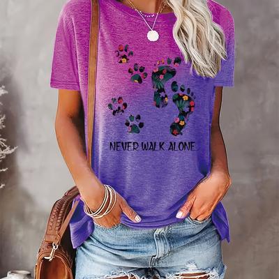 "TEMU Women's Ombre Graphic Print T-shirt - Short Sleeve Crew Neck Casual Top With "" Design, Lightweight Polyester Blend For , Ladies T Shirts" Image
