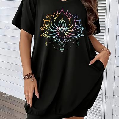 TEMU Women's Plus Size Casual Tunic Dress With Vibrant Lotus Flower Print - Comfortable, Loose Fit, Short Sleeve, V-neck, Spring/summer Wear, Relaxed Fit Dress | Vibrant Print Top | , Plus Size Dress Image