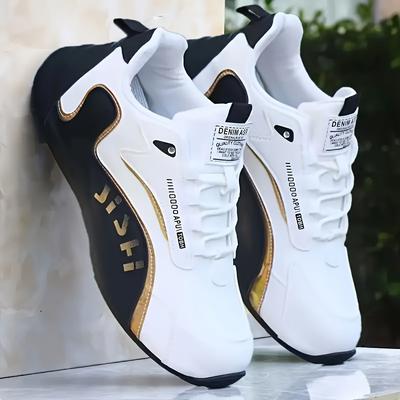 TEMU 1 Pair Mainalun Men's Lightweight Breathable Training Shoes - Low-top Casual Sneakers With Golden Accents, Pu & Fabric Upper, For Hiking, Running, Travel & Image