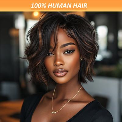 TEMU 180% Density Body Wave T-part 4x1 Lace Front Hair Pre-plucked Short Curly Style For Women Highlight 1b/30 Loose Wave Wig Day Image