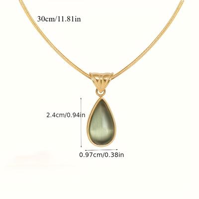 TEMU French-inspired Translucent Green Teardrop Pendant Necklace - Stainless Steel Lightweight Durable Jewelry For Men, Everyday & Special Occasions, Perfect Gift For Him Image