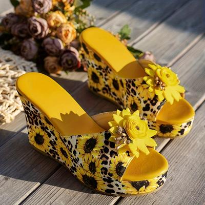 TEMU New Women's Summer Yellow Printed Wedge High-heeled Sandals, Slip-on Stylish Heels With Floral Decorations, Lightweight Casual Shoes. Image