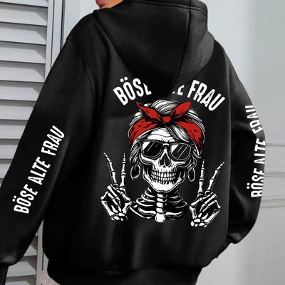TEMU Women's Casual Hoodie With Skull & Design - Gray Pullover With Red Bandana & Earrings Print, Fall/winter Style, Casual Wear Hoodie|graphic Hoodie|stretchy Fabric Image