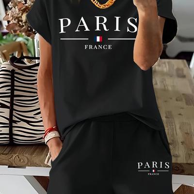 TEMU Paris Letter Print 2 Piece Set, Short Sleeve T-shirt & Shorts, Women's Clothing Image