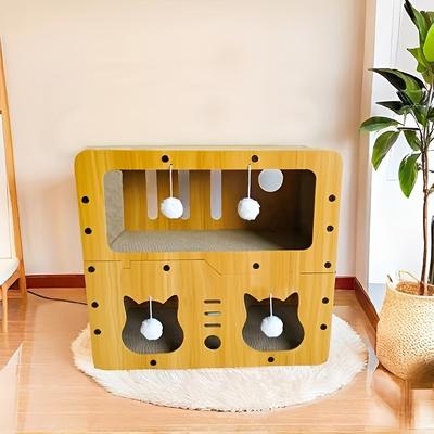 TEMU Luxury Dual-layer Cat Scratching Board - Corrugated Cardboard Cat House With Pom-poms, Indoor Cat Bed And Claw , Suitable For Multi-cat Households - Easy To Assemble Image