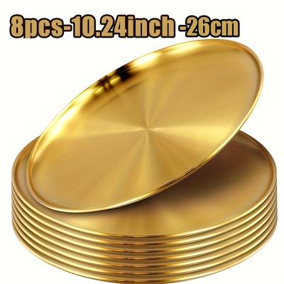TEMU 8pcs Luxury Golden Stainless Steel Salad Dessert Snack Plates Set, No , Dishwasher Safe, Catering, Hotel, Party, Camping, Bbq And Holiday Serving Image