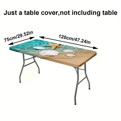 TEMU 1pc Summer Beach Scene Stretch Tablecloth - Ocean Starfish And Seashell Print, Polyester, Rectangular, Machine-made Knit Fabric, 75x120cm/75x182cm Image