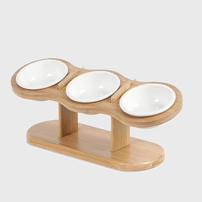 TEMU Dorakou 15° Tilt Cat Bowl - Adjustable Wooden Feeder With 3 Ceramic Dishes, Prevents Choking & , Ideal For Cats, Kittens & Small Pets, Pet Essentials||wooden Construction, Cat Accessories Image
