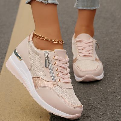 TEMU Women's Breathable Knit Sneakers - Comfortable Casual Running Shoes With Thick Non-slip Sole, Lace-, Wear, Pink, Outdoor Sneakers | Shoes | Image