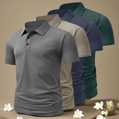 TEMU Men's Casual Summer Shirt Set - 4 Stylish Short Sleeve T-shirts With Button-up Collars, Lightweight & Breathable, Golf & Casual Attire, Golf Attire|stylish Set|lightweight Fabric Image