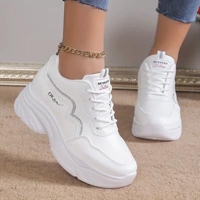 TEMU Women's Breathable Chunky Dad Shoes - White Low-top Lace-up Sneakers With Thick Rubber Sole, Comfortable Wear For Casual Or Sporty Outfits Image